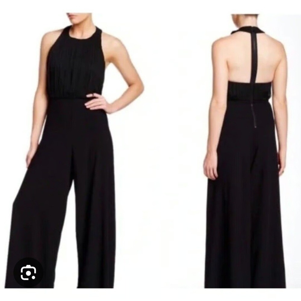 Alice + Olivia Black Wide Leg Halter Jumpsuit Open T-Back Pleated Bodice Size 8